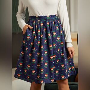 Modcloth More Than Charming Cotton Skirt Santa Elf Print A-line Navy Blue Size M